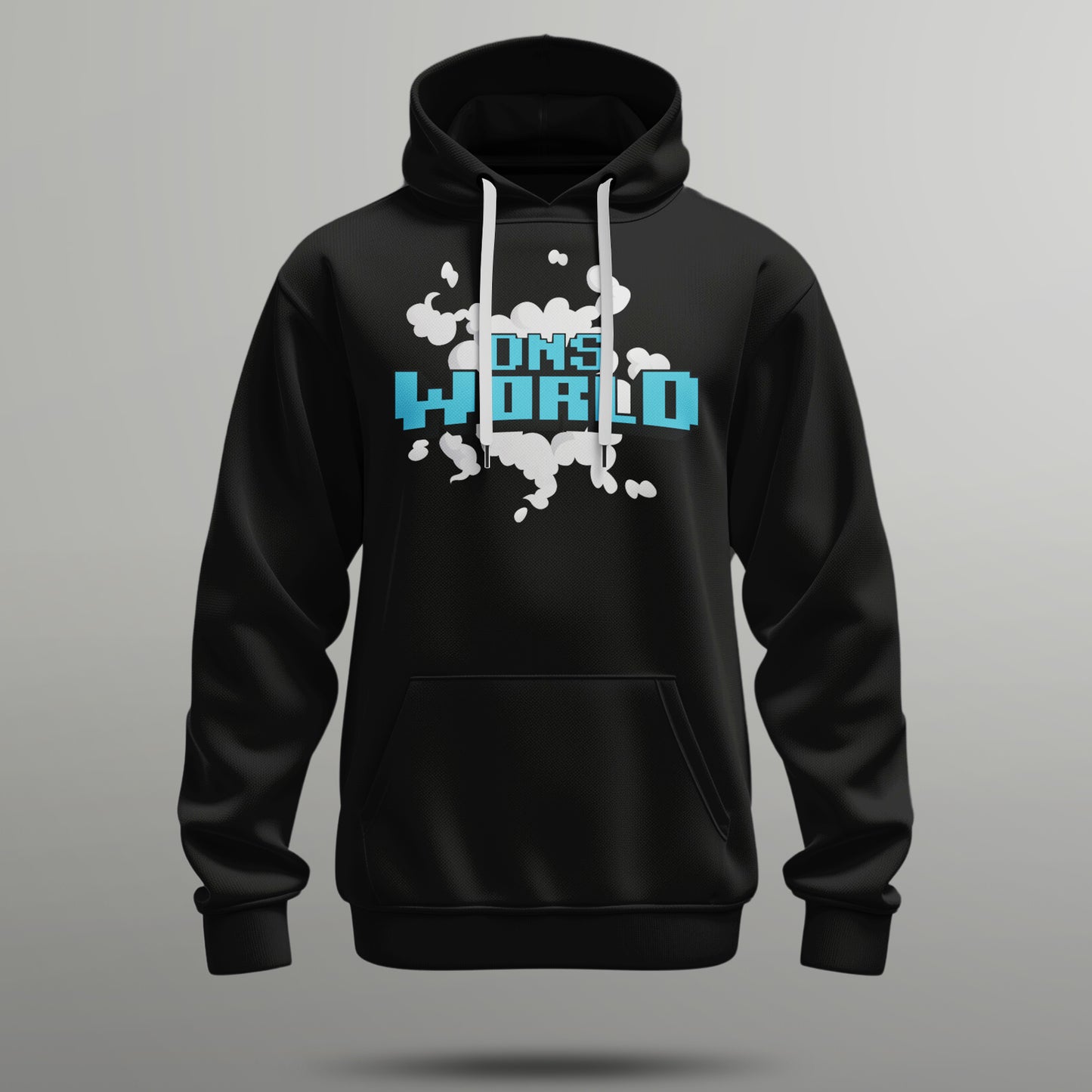 front of black pewf hoodie with blue dnsworld logo