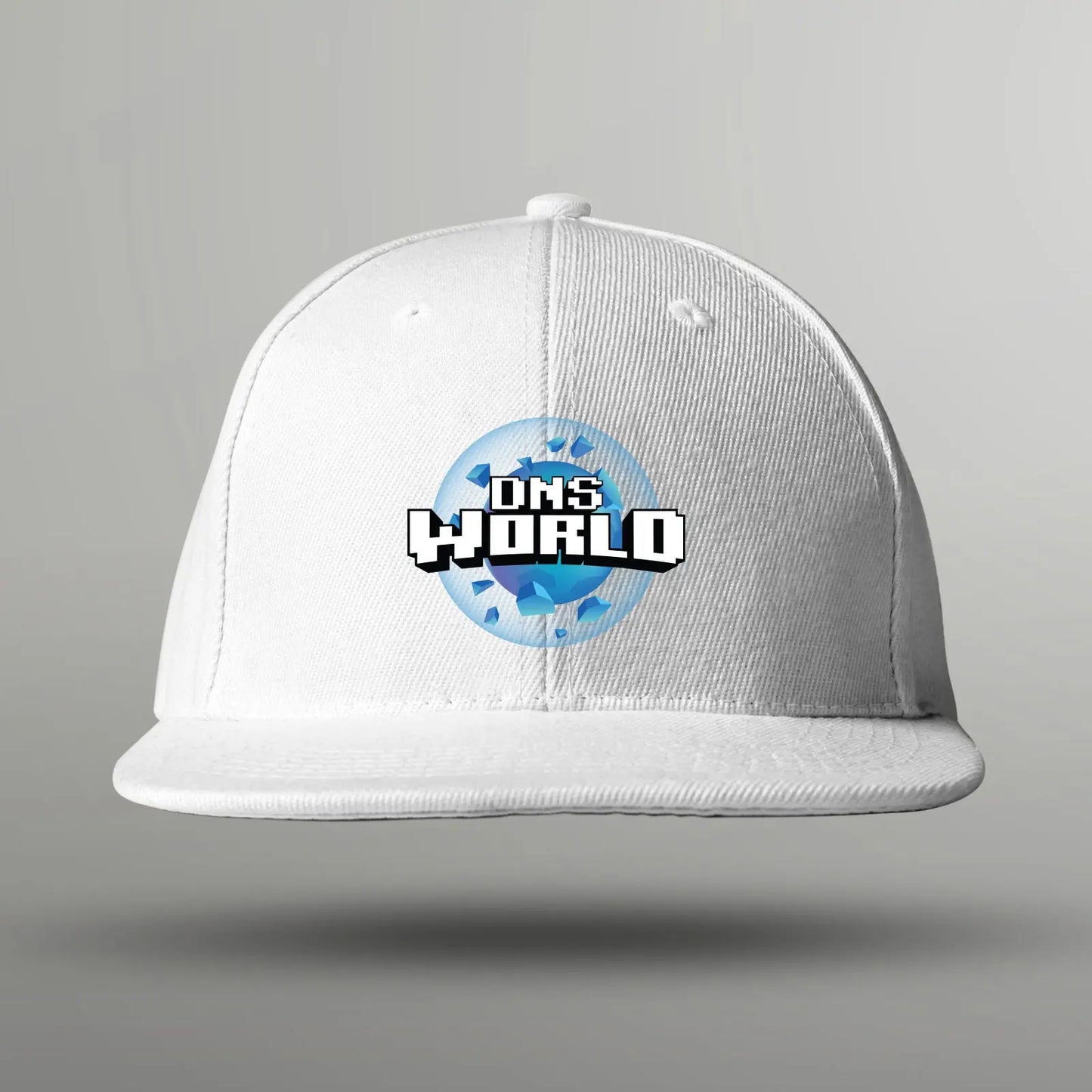 white baseball cap hat showcasing a world being formed with the dnsworld logo