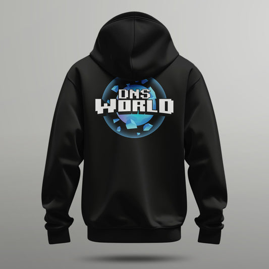 back of a black hoodie showcasing a world being formed with the DNSworld Logo