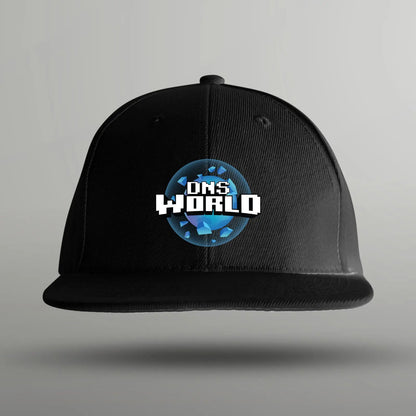 black baseball cap hat showcasing a world being formed with the dnsworld logo