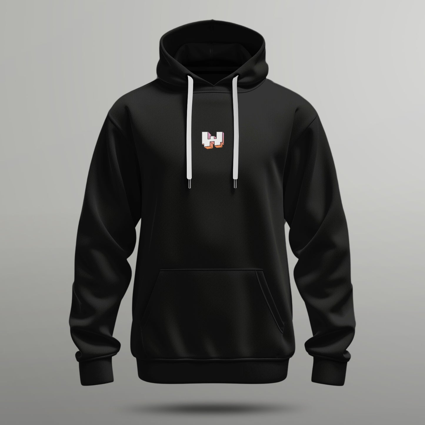 front of a black hoodie with small w icon