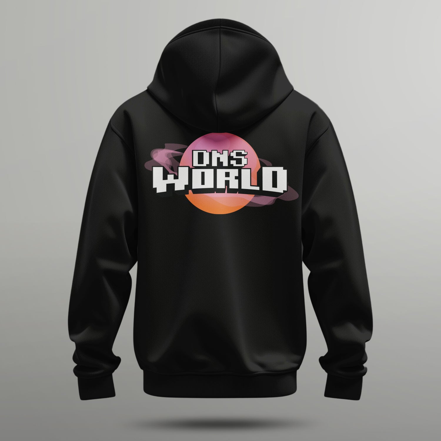 back side of a DNSworld hoodie showing a reddish planet with Hazey rings