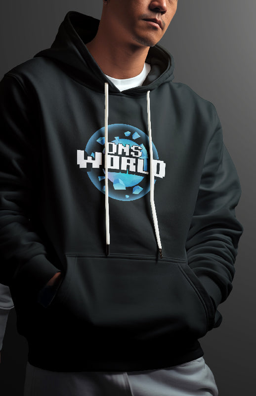 person wearing black dnsworld hoodie with image of a planet being formed