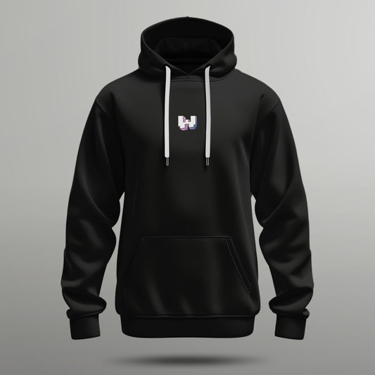 front of a black hoodie with small w icon