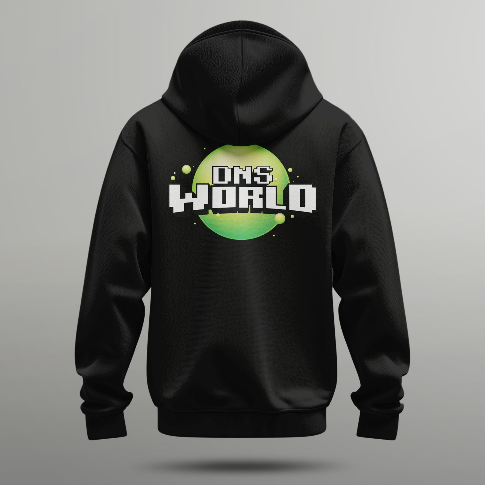 backside of a black dnsworld hoodies showing a  slimeworld hoodie