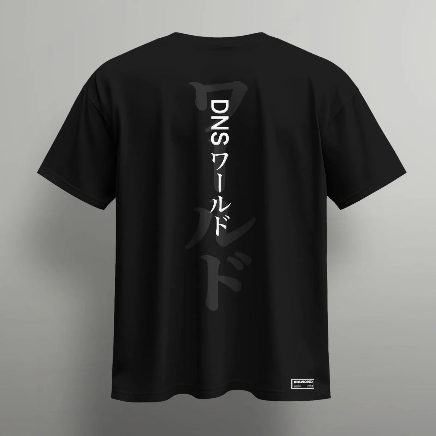 backside of DNSworld tshirt with katakana japanese