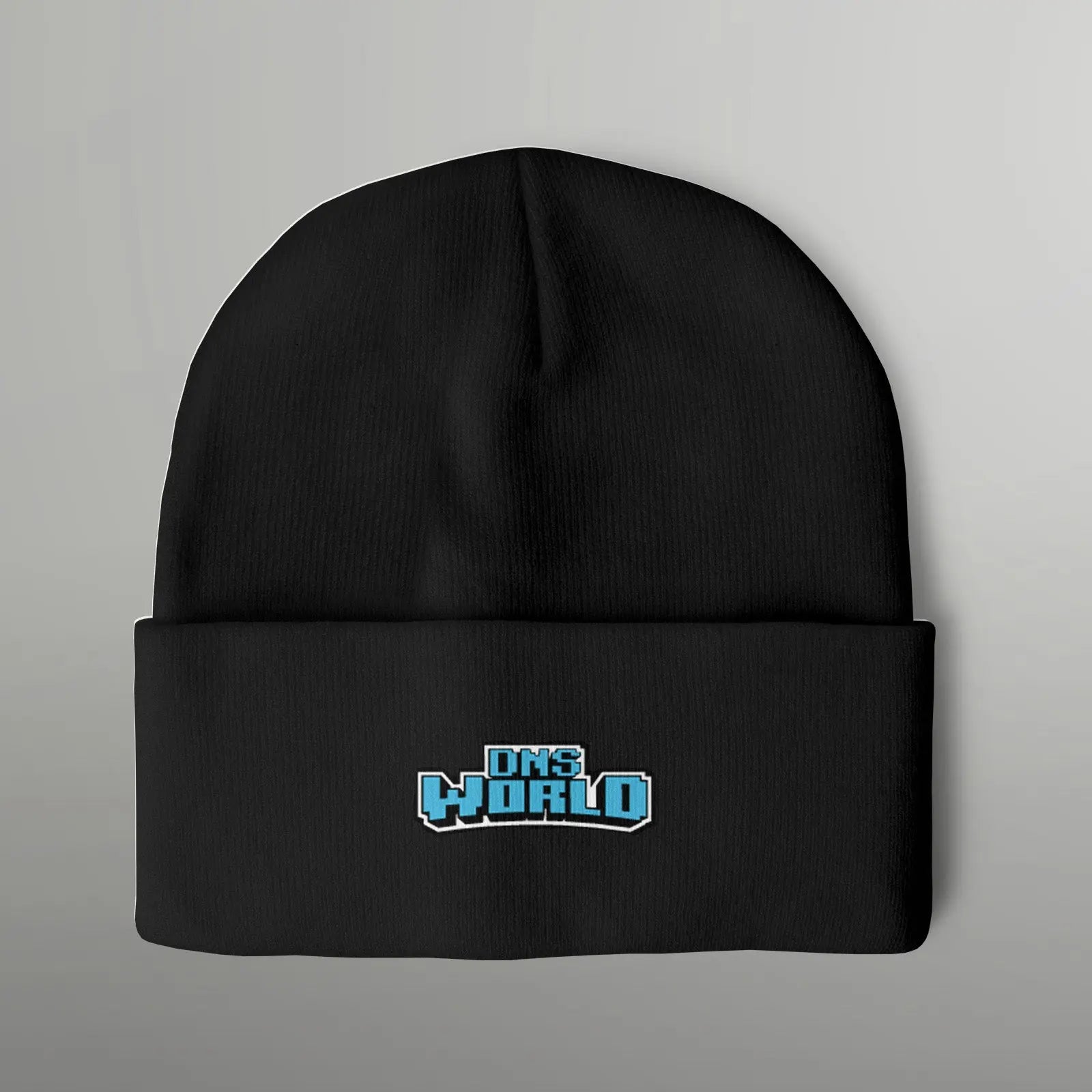 black toque beanie hat with the dnsworld logo