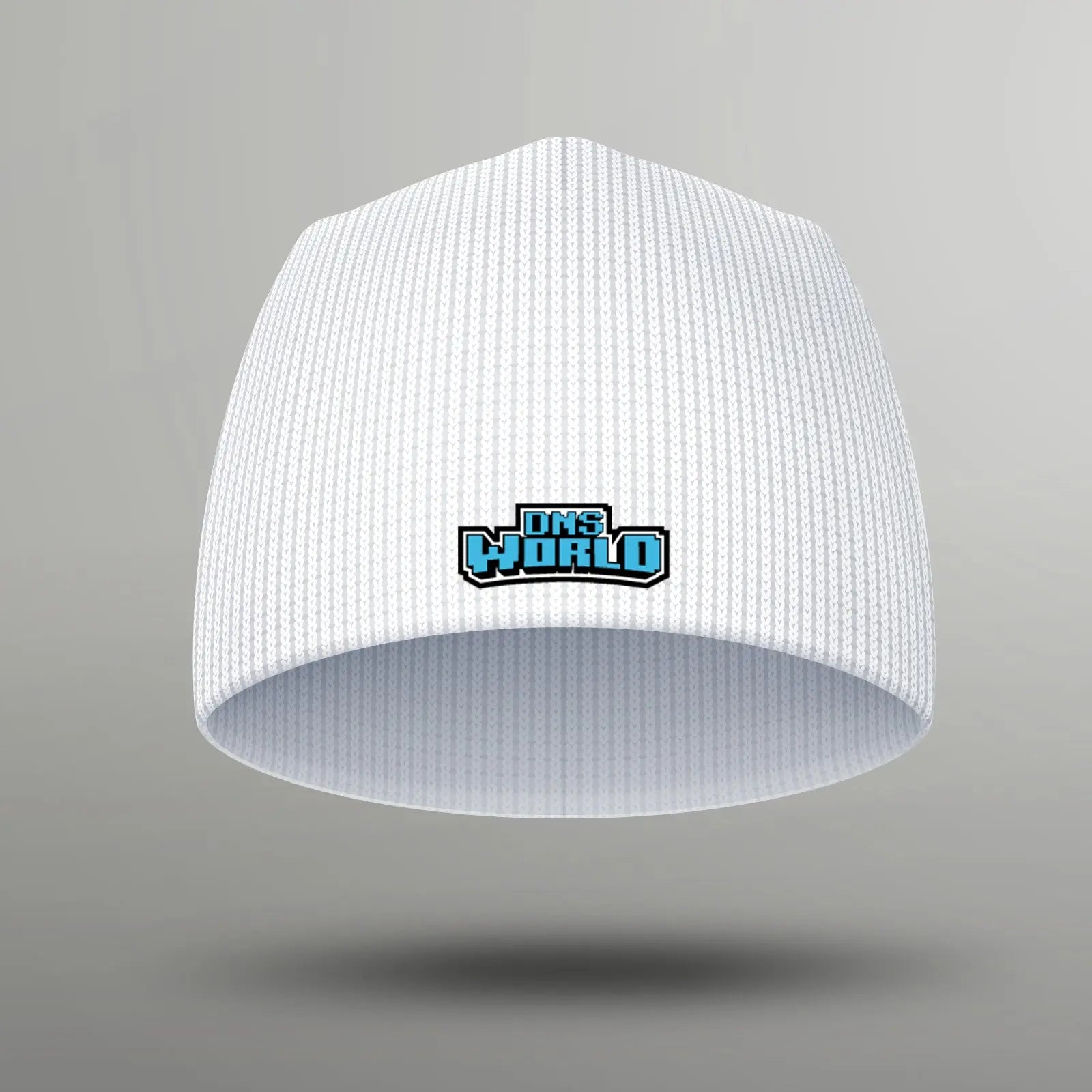 white beanie hat with blue dnsworld logo