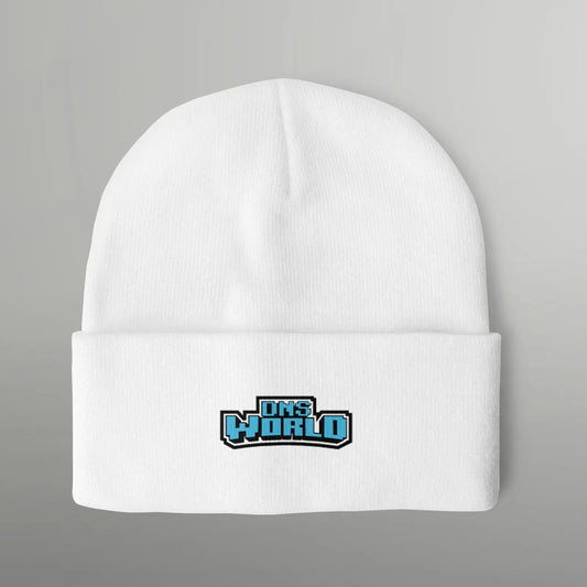 white toque beanie hat with the dnsworld logo