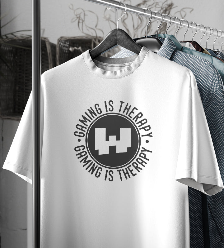 white dnsworld gaming is therapy tshirt on a rack