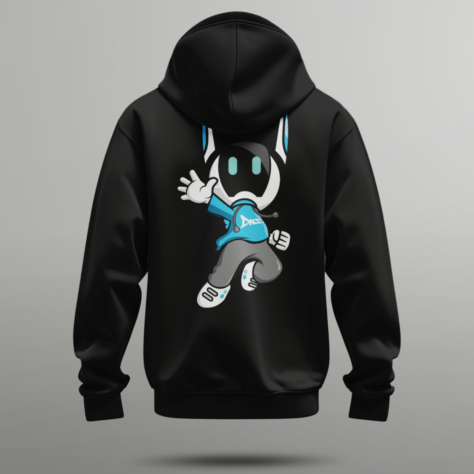 backside of black pewf hoodie showing proto, our mascot