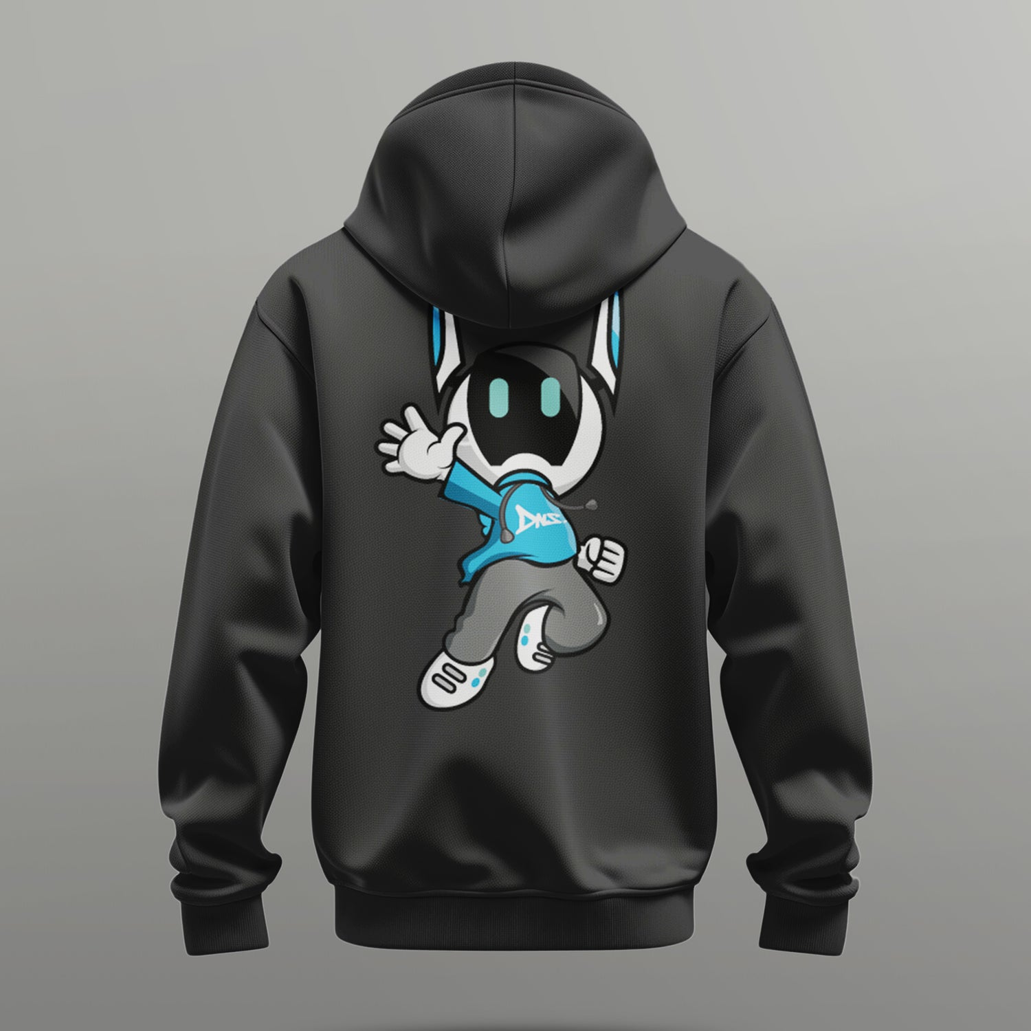 backside of black DNSworld hoodie showcasing our mascot, proto