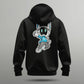 backside of a black hoodie with the proto mascot being featured