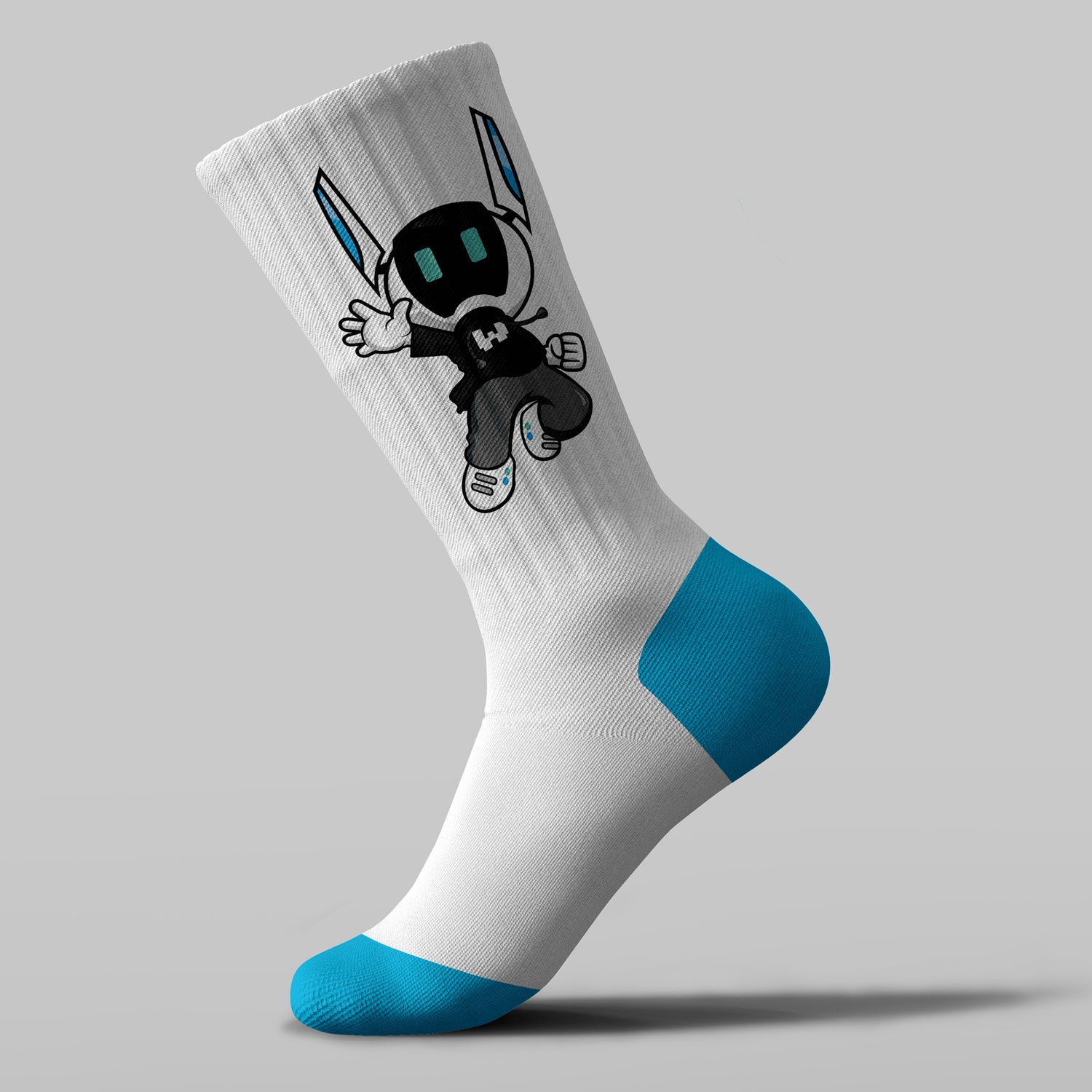 white crew socks with blue heels and toes sporting a graphic of our mascot, proto