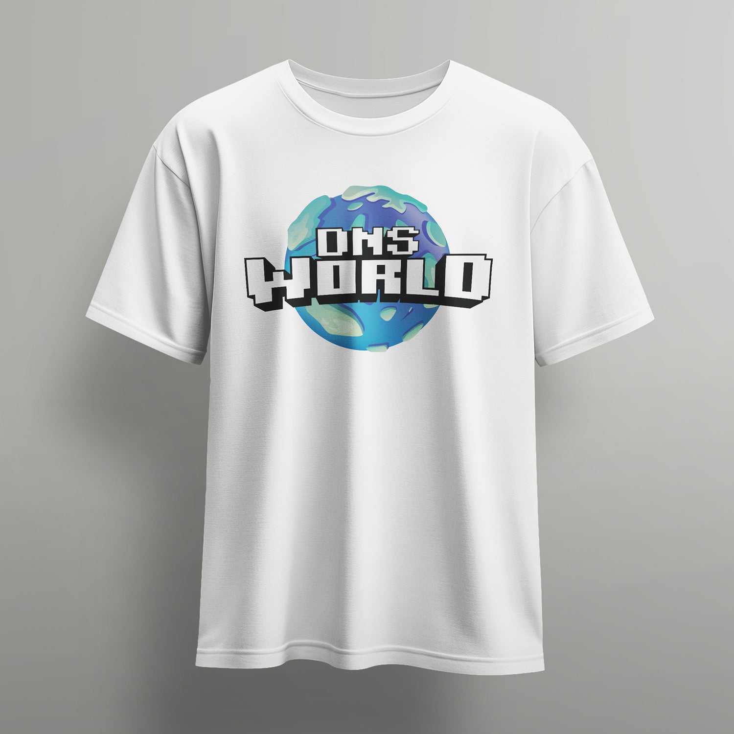 white DNSwrold tshirt showcasing a graphic of an earth-like planet.