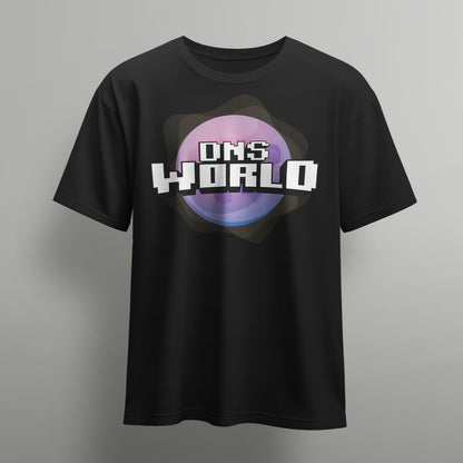 black dnsworld tshirt with hazey purple planet