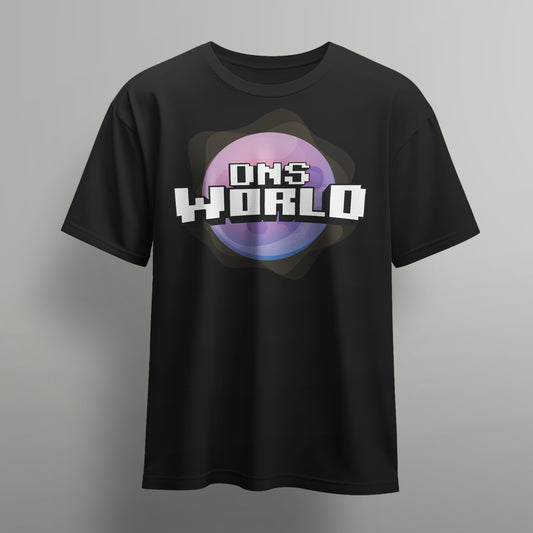 black dnsworld tshirt with hazey purple planet