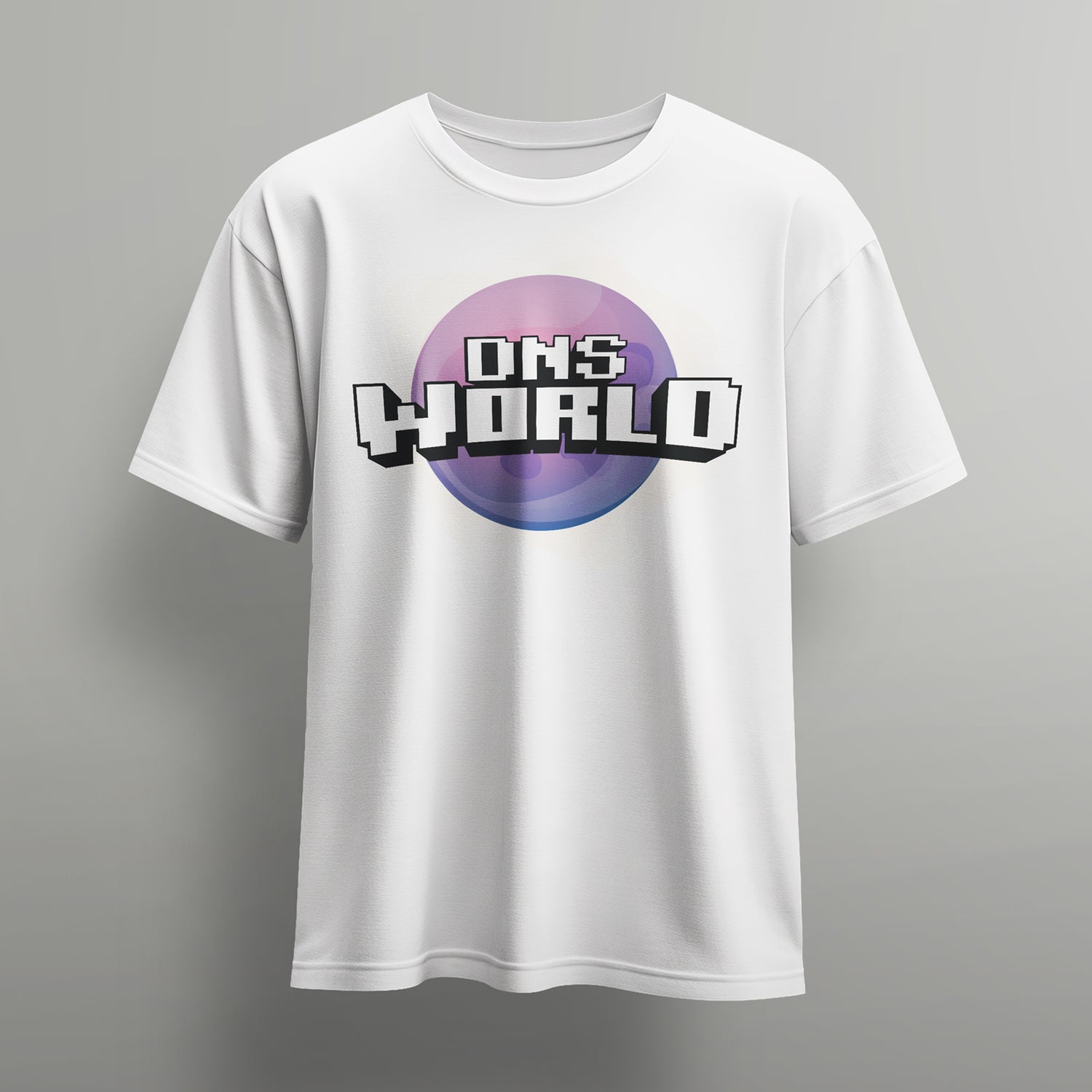 white DNSworld tshirt with purple planet