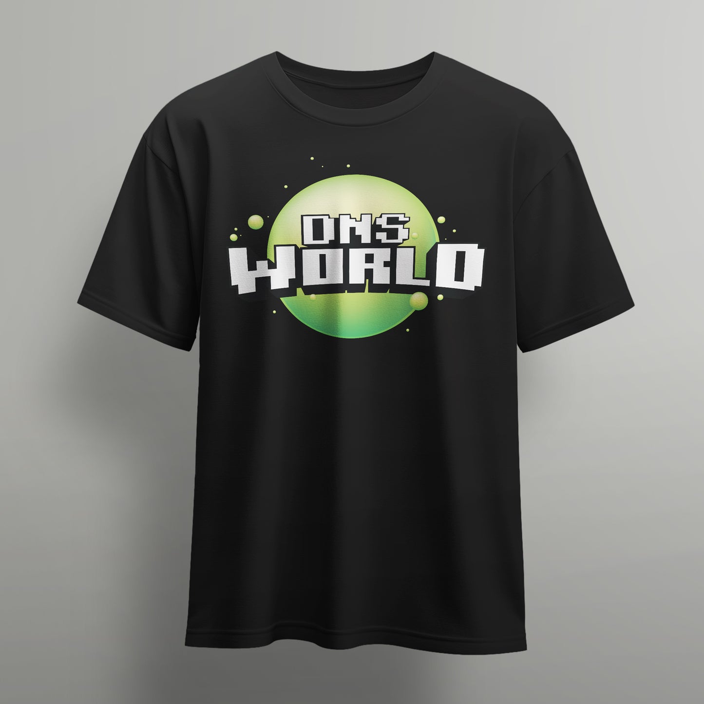 black dnsworld tshirt with green planet