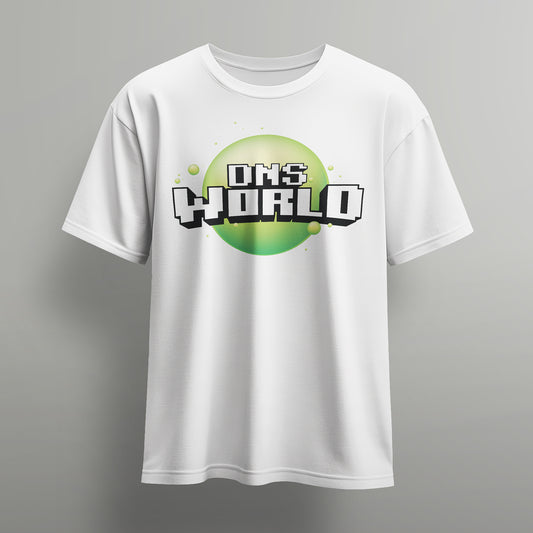 white DNSworld Tshirt showing a green planet 